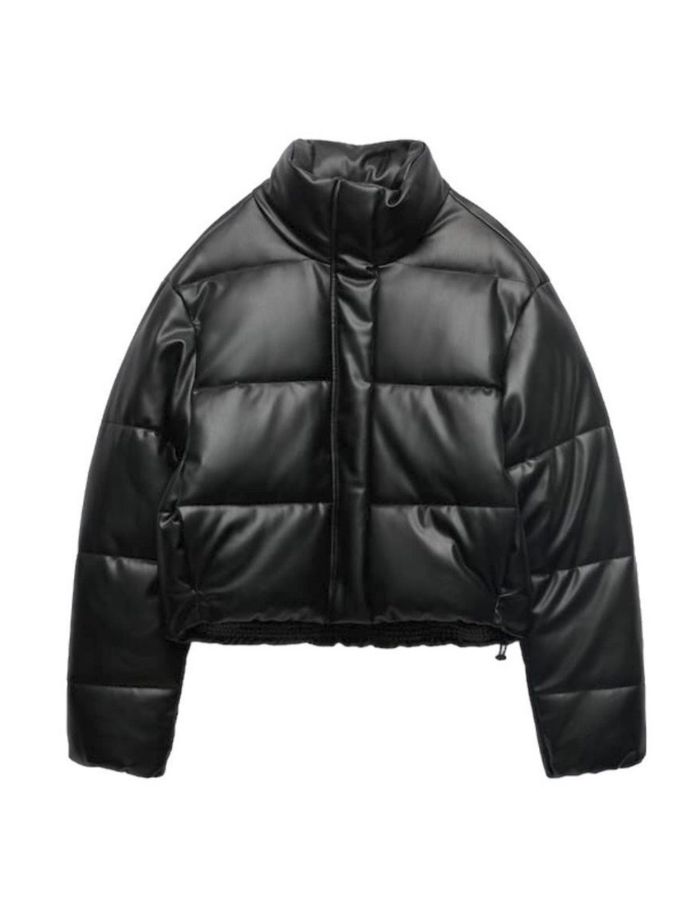 Zara Black Faux Leather Short Puffer Jacket with Funnel Collar S